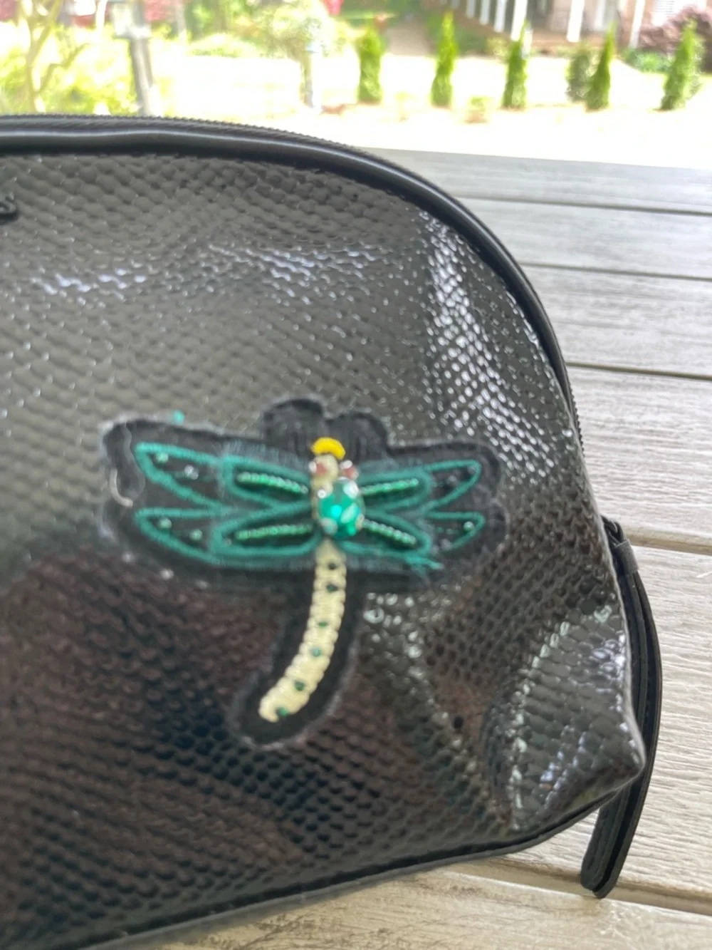 Victoria's Secret Black Textured Cosmetic Pouch with Insect Embellishments
